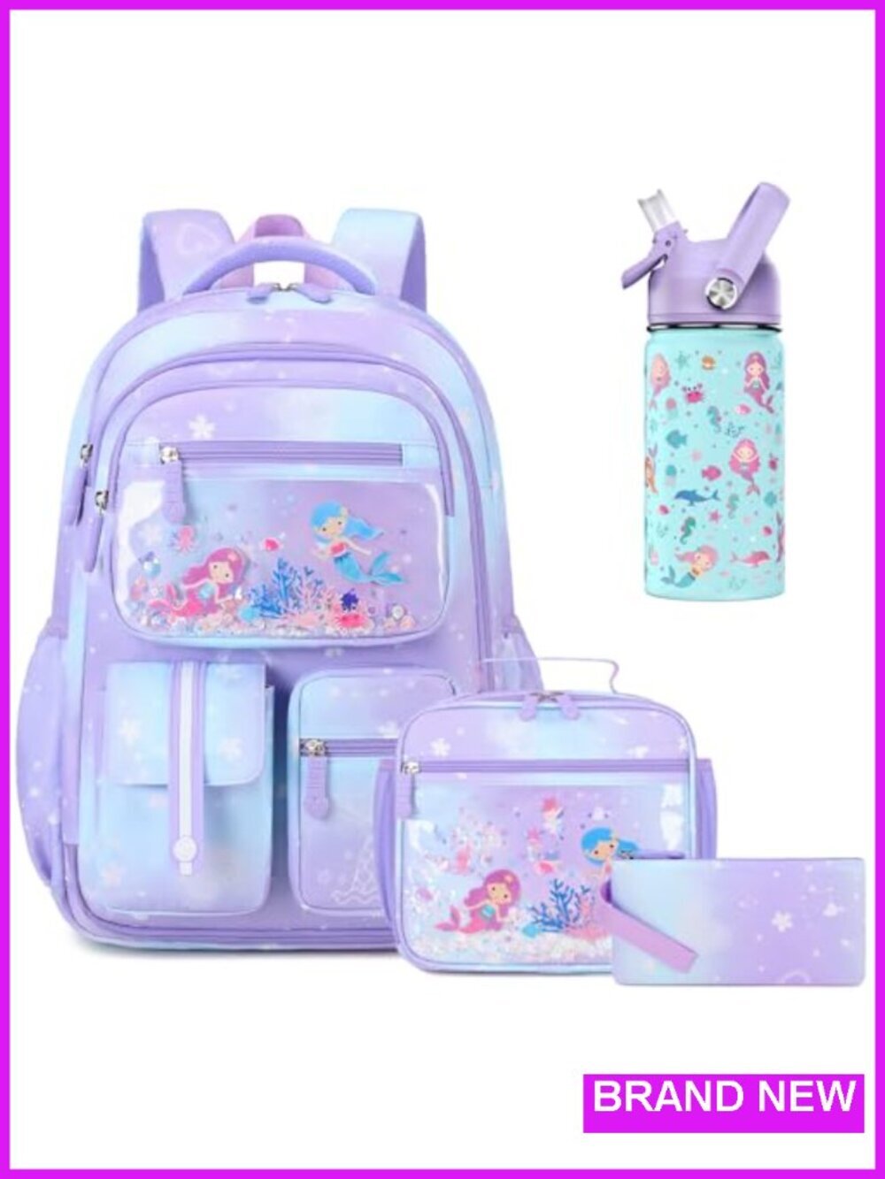 4-in-1 Backpack Set with Water Bottle Lunch Bag Pencil Case for School Girls